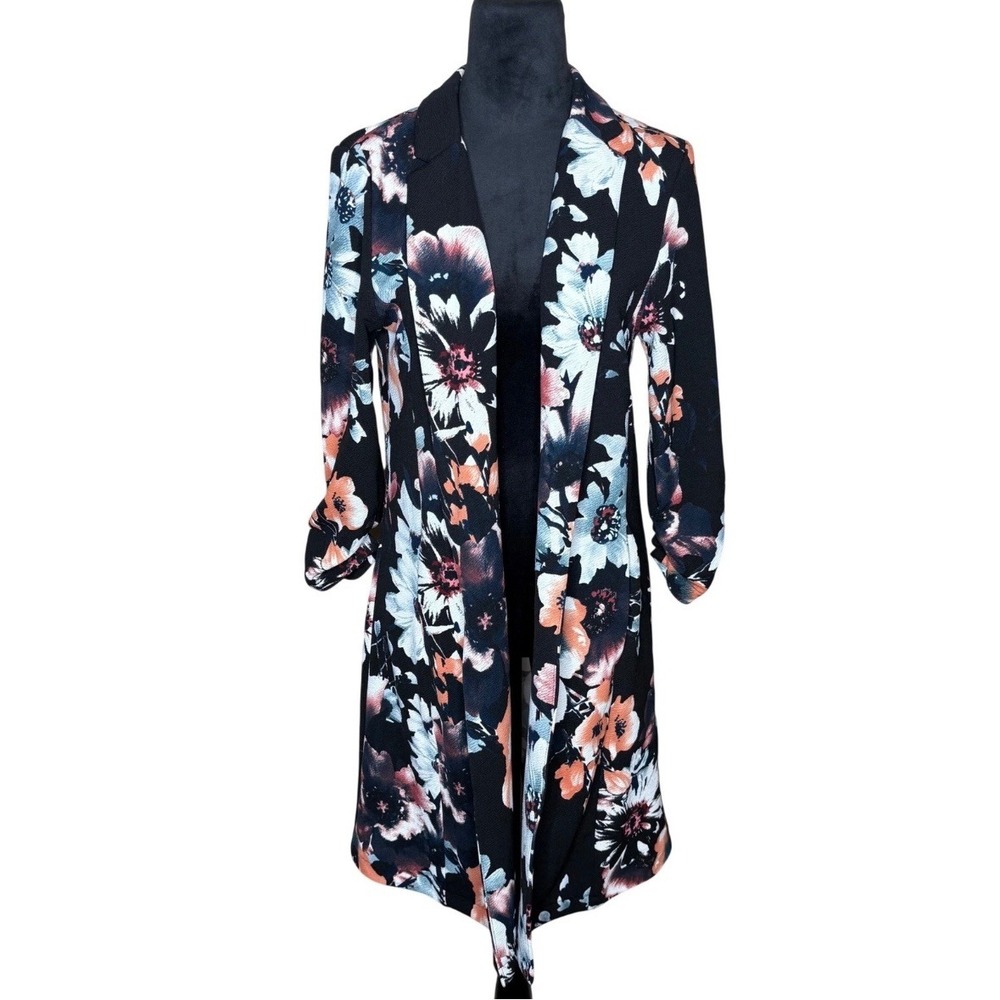 HAVE Women Sz L Duster Floral Open Front Cardigan Ruched 3/4
Sleeve CareerCasual